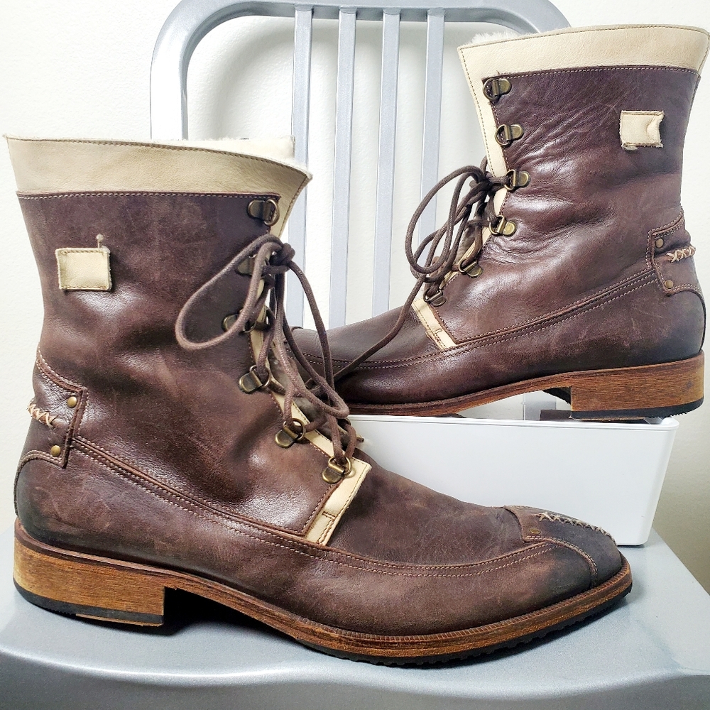 Gordon Rush Brown Leather Lace-Up Ankle Boots with Cream Trim